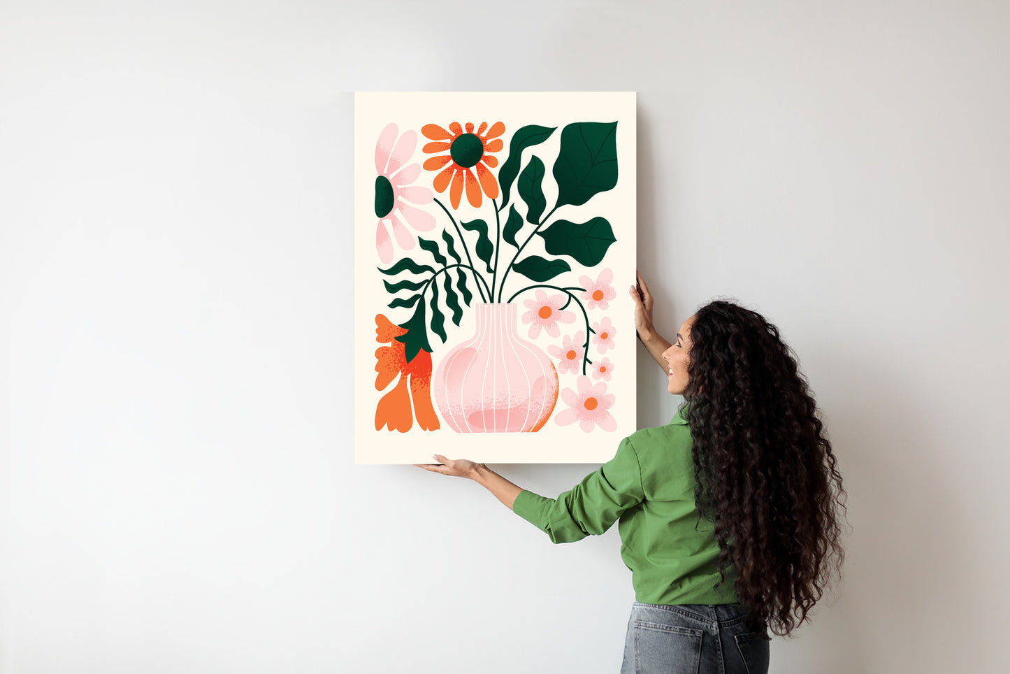 Poster Ein Blumenstrauß In Einer Rosa Vase Rahmen Holz Mit Passepartout Farbe Natürlich