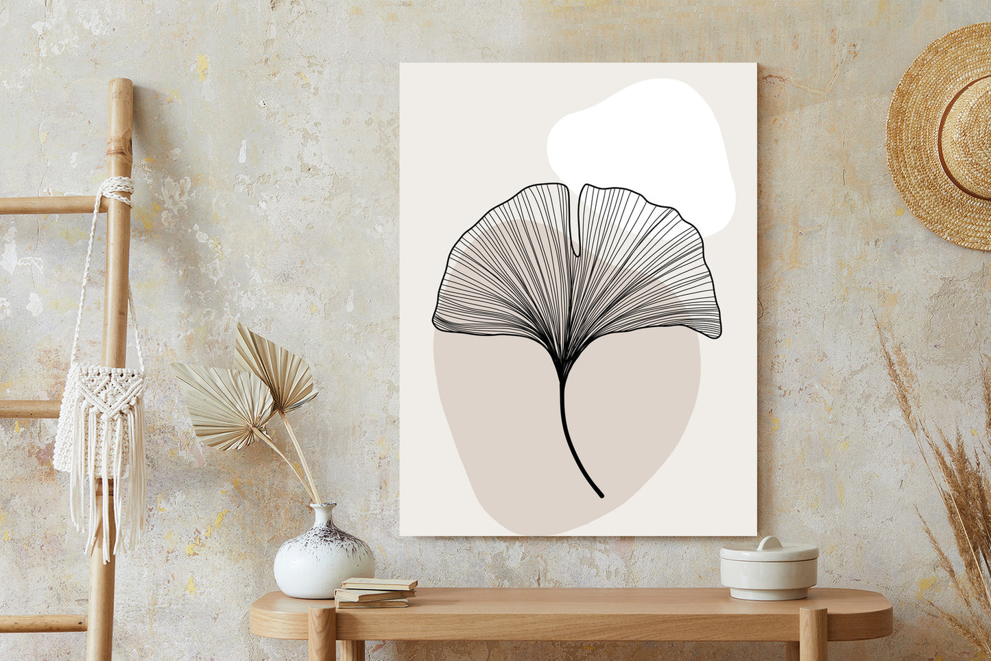 Poster Minimalistisches Ginkgoblatt Rahmen Holz Mit Passepartout Farbe Natürlich