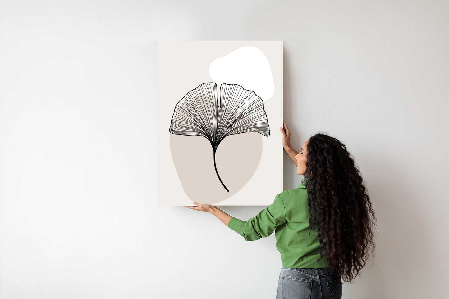 Poster Minimalistisches Ginkgoblatt Rahmen Holz Mit Passepartout Farbe Natürlich