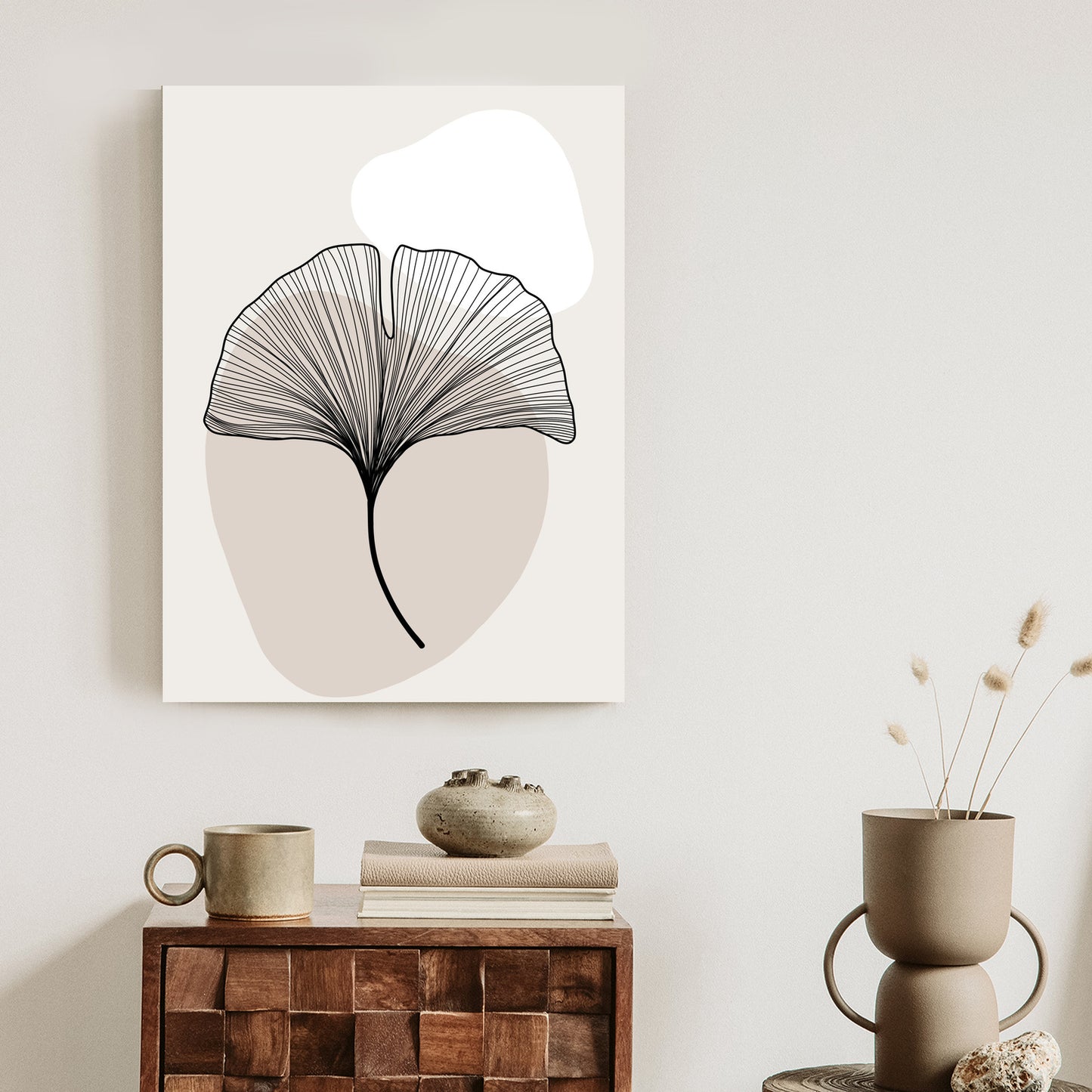 Poster Minimalistisches Ginkgoblatt Rahmen Holz Mit Passepartout Farbe Natürlich
