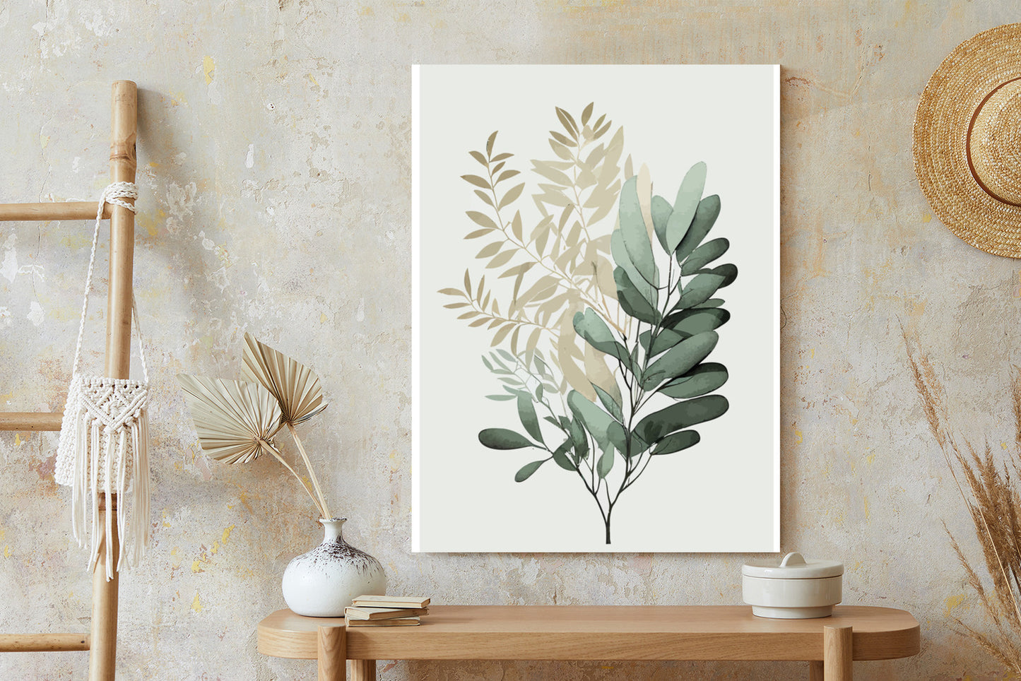 Poster Grüner Und Goldener Aquarellzweig Rahmen Holz Mit Passepartout Farbe Natürlich