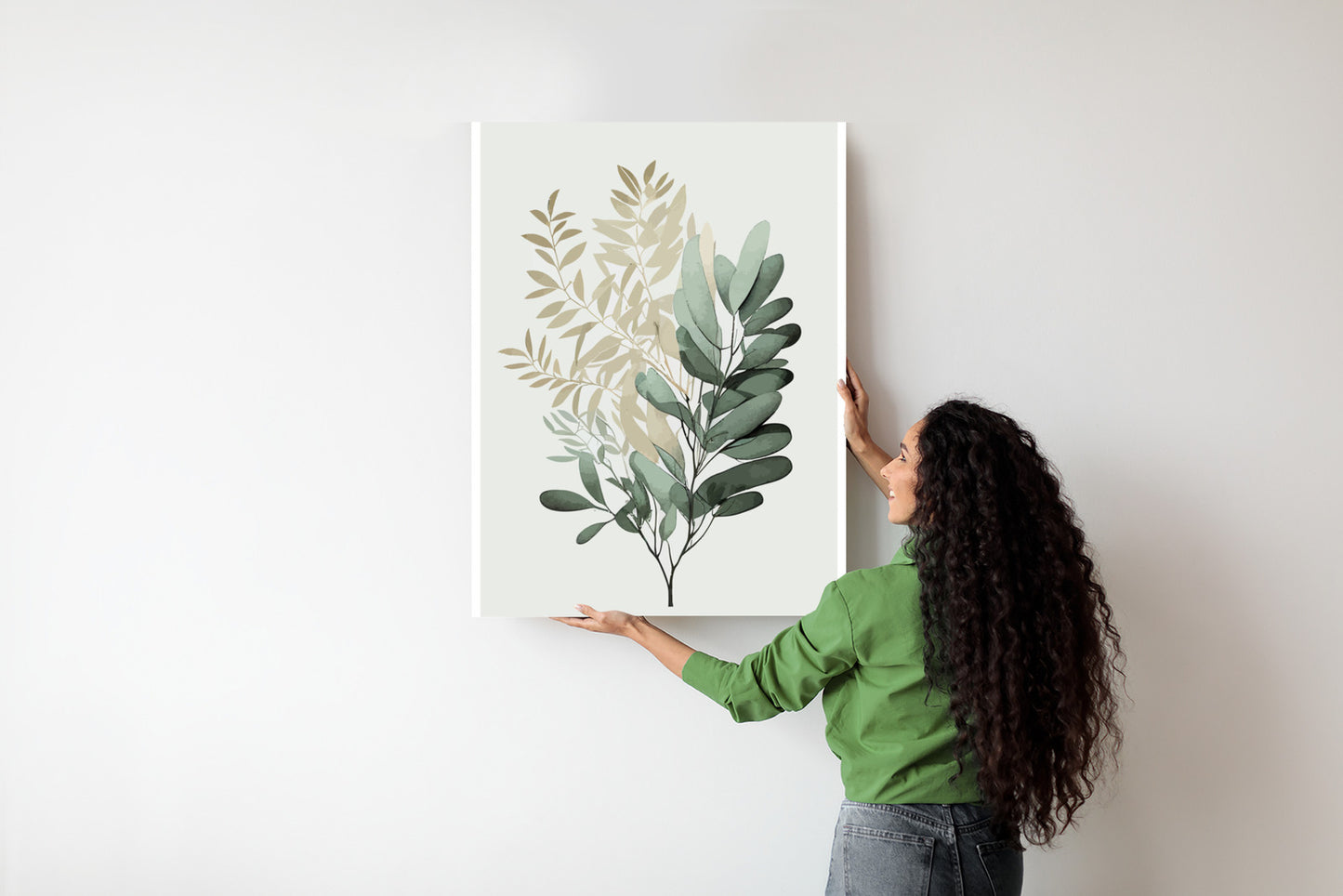 Poster Grüner Und Goldener Aquarellzweig Rahmen Holz Mit Passepartout Farbe Natürlich