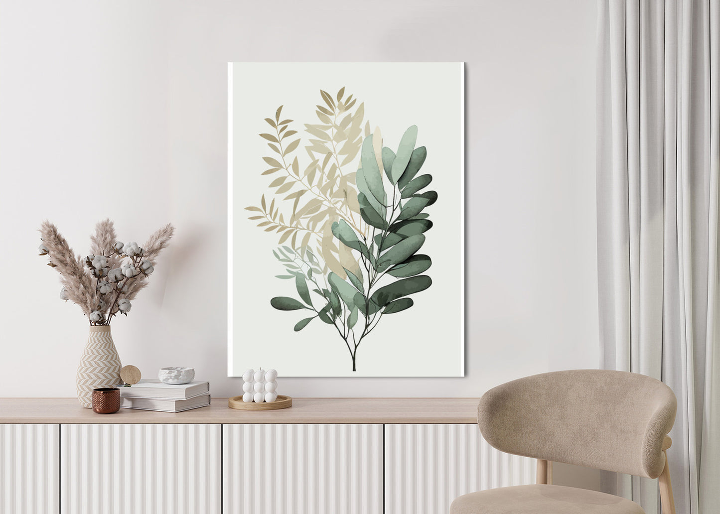 Poster Grüner Und Goldener Aquarellzweig Rahmen Holz Mit Passepartout Farbe Natürlich