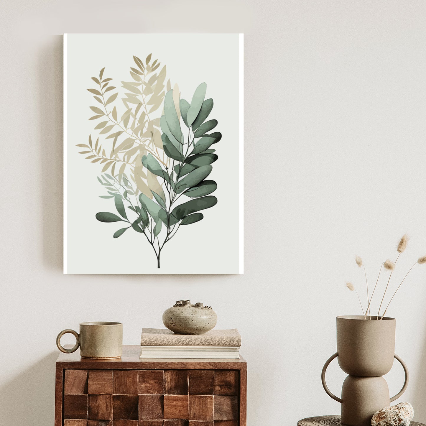 Poster Grüner Und Goldener Aquarellzweig Rahmen Holz Mit Passepartout Farbe Natürlich