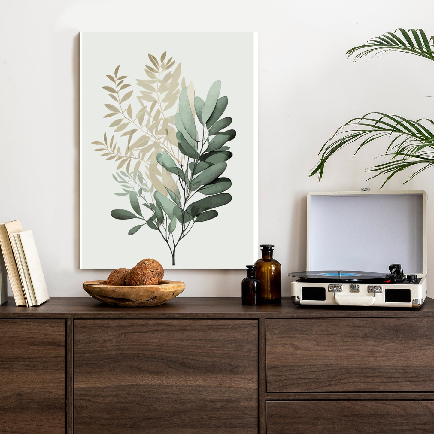 Poster Grüner Und Goldener Aquarellzweig Rahmen Holz Mit Passepartout Farbe Natürlich