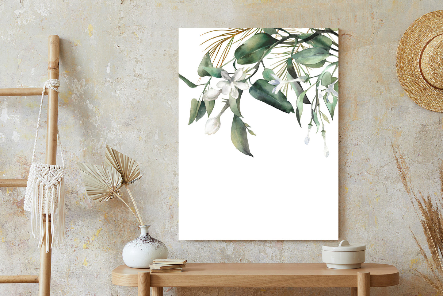 Poster Weiße Blumen Auf Grünen Aquarellzweigen Rahmen Holz Mit Passepartout Farbe Natürlich
