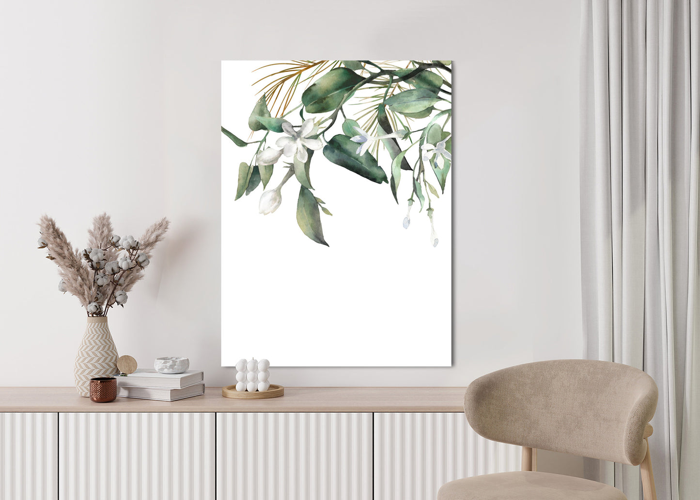 Poster Weiße Blumen Auf Grünen Aquarellzweigen Rahmen Holz Mit Passepartout Farbe Natürlich