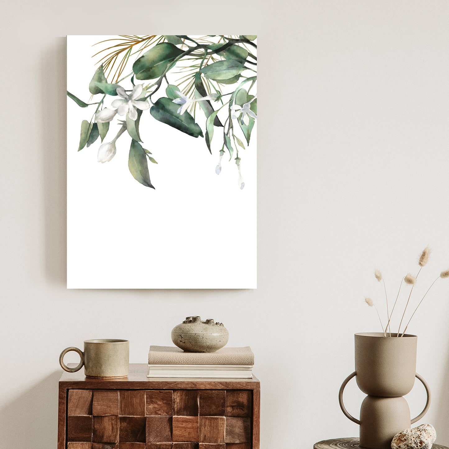 Poster Weiße Blumen Auf Grünen Aquarellzweigen Rahmen Holz Mit Passepartout Farbe Natürlich