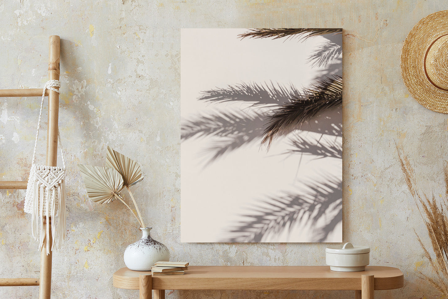 Poster Palmblätter Mit Schattenreflexion An Der Wand Rahmen Holz Mit Passepartout Farbe Natürlich