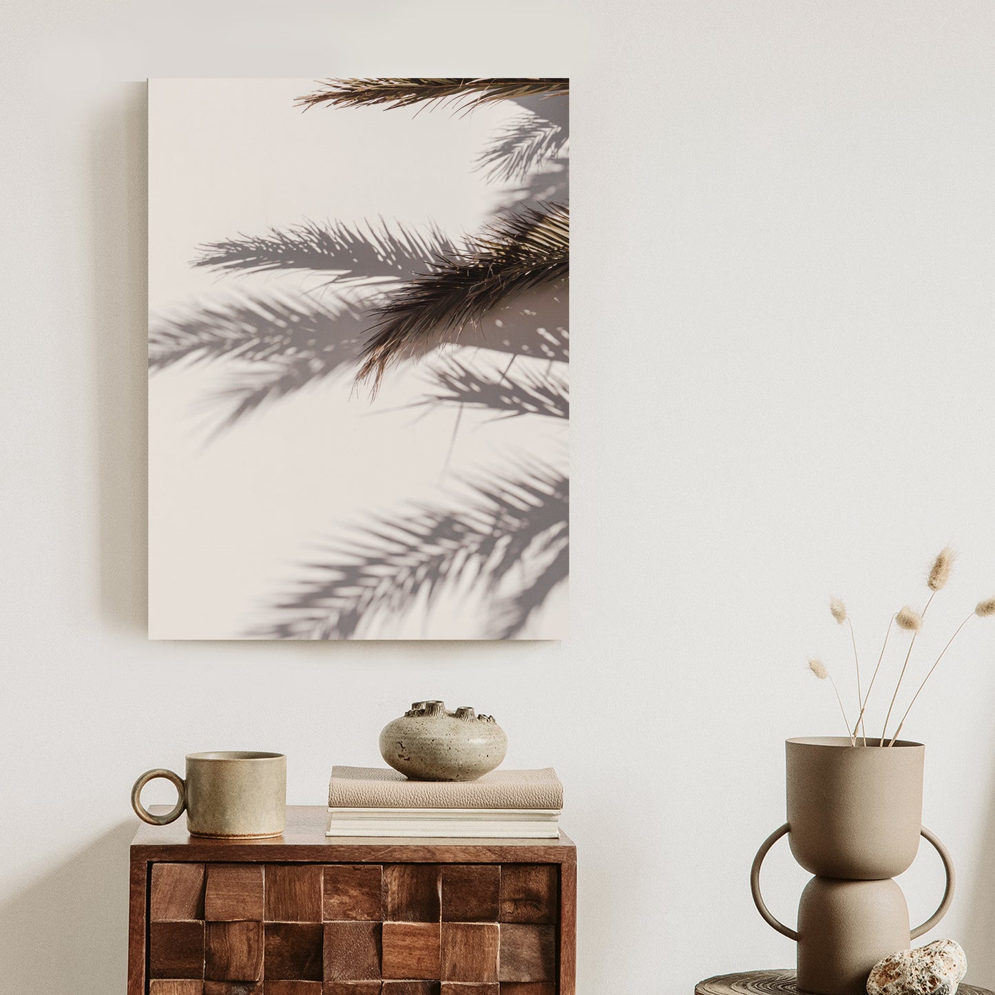 Poster Palmblätter Mit Schattenreflexion An Der Wand Rahmen Holz Mit Passepartout Farbe Natürlich