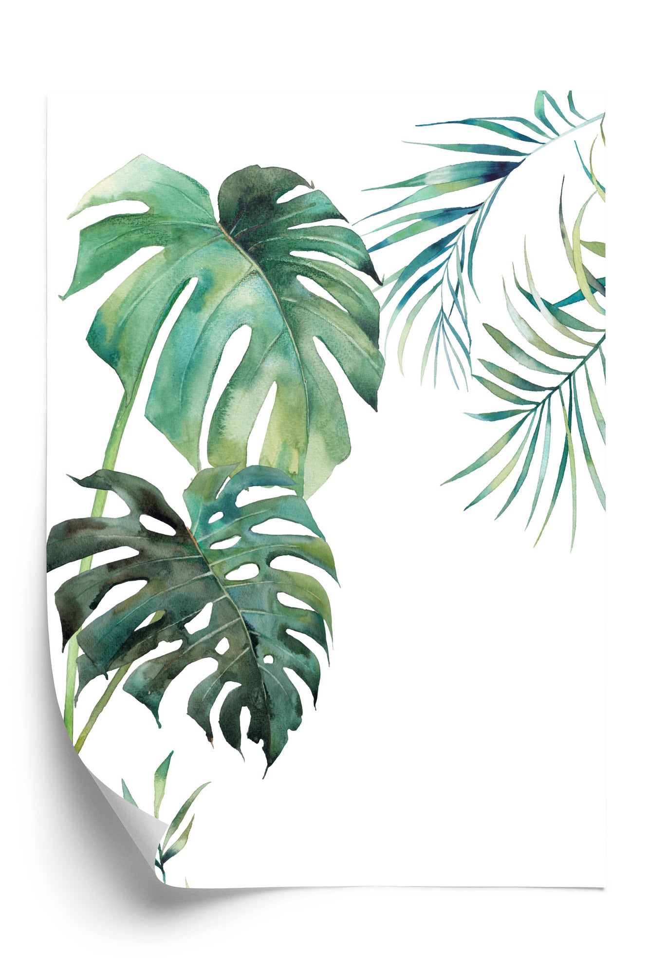 Poster Tropisches Muster Mit Aquarellpalmen- Und Monsterablättern Rahmen Holz Mit Passepartout Farbe Natürlich