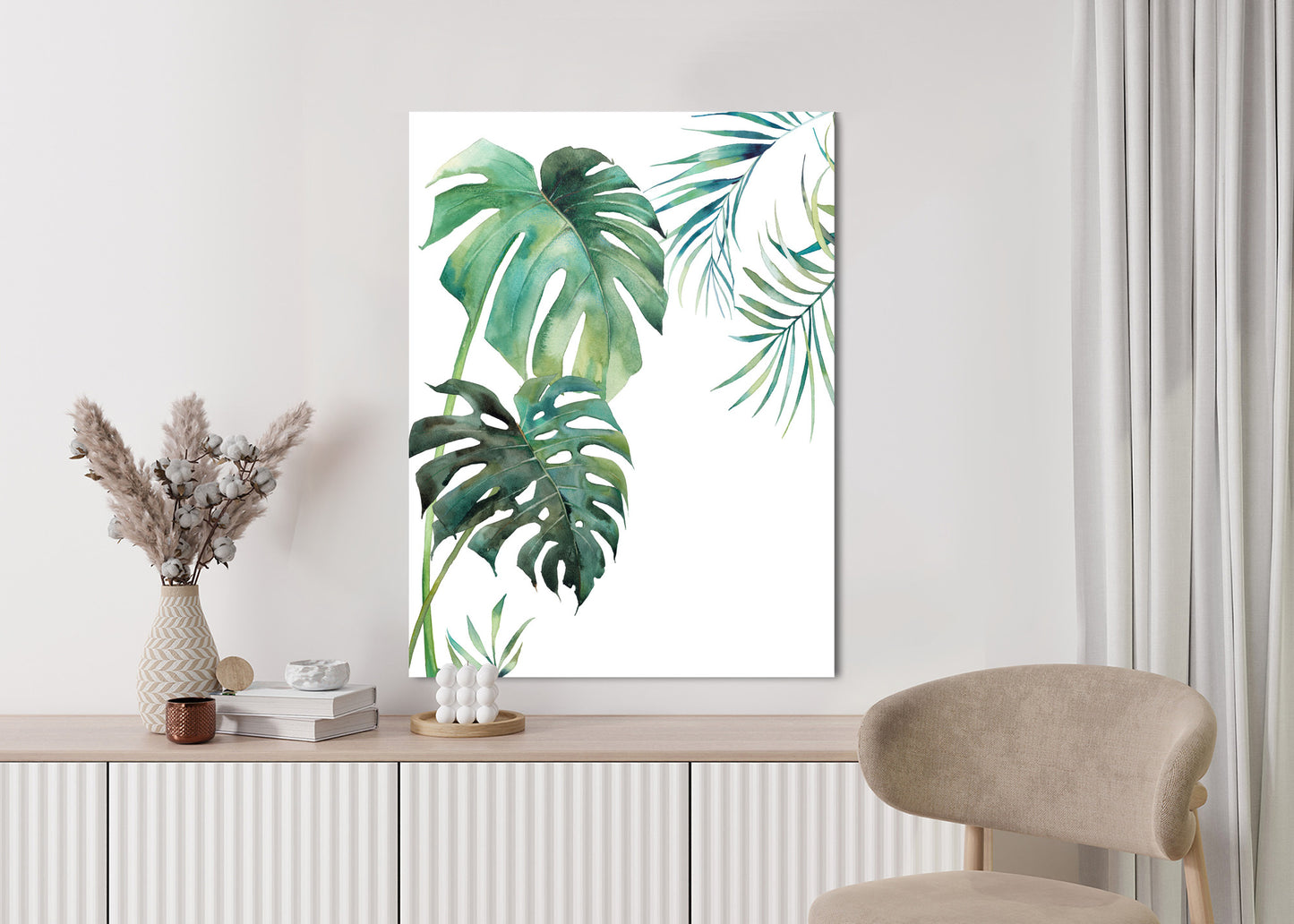 Poster Tropisches Muster Mit Aquarellpalmen- Und Monsterablättern Rahmen Holz Mit Passepartout Farbe Natürlich