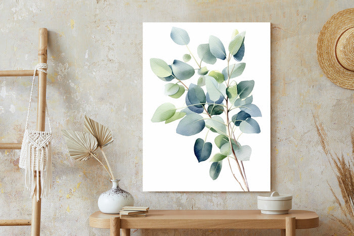 Poster Zweig Mit Grünen Blättern - Aquarell Rahmen Holz Mit Passepartout Farbe Natürlich
