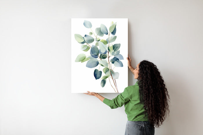 Poster Zweig Mit Grünen Blättern - Aquarell Rahmen Holz Mit Passepartout Farbe Natürlich