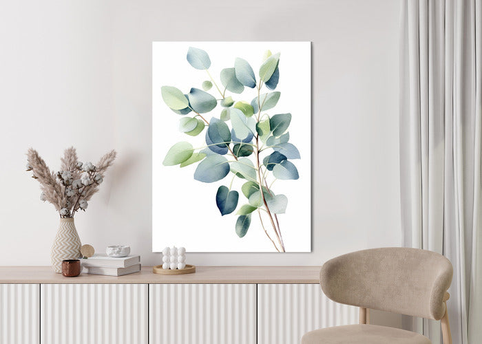 Poster Zweig Mit Grünen Blättern - Aquarell Rahmen Holz Mit Passepartout Farbe Natürlich