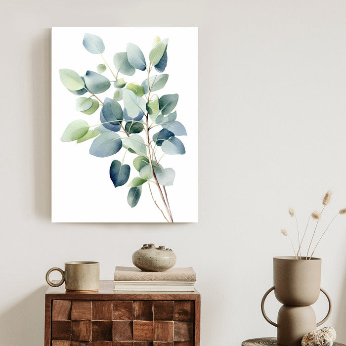 Poster Zweig Mit Grünen Blättern - Aquarell Rahmen Holz Mit Passepartout Farbe Natürlich