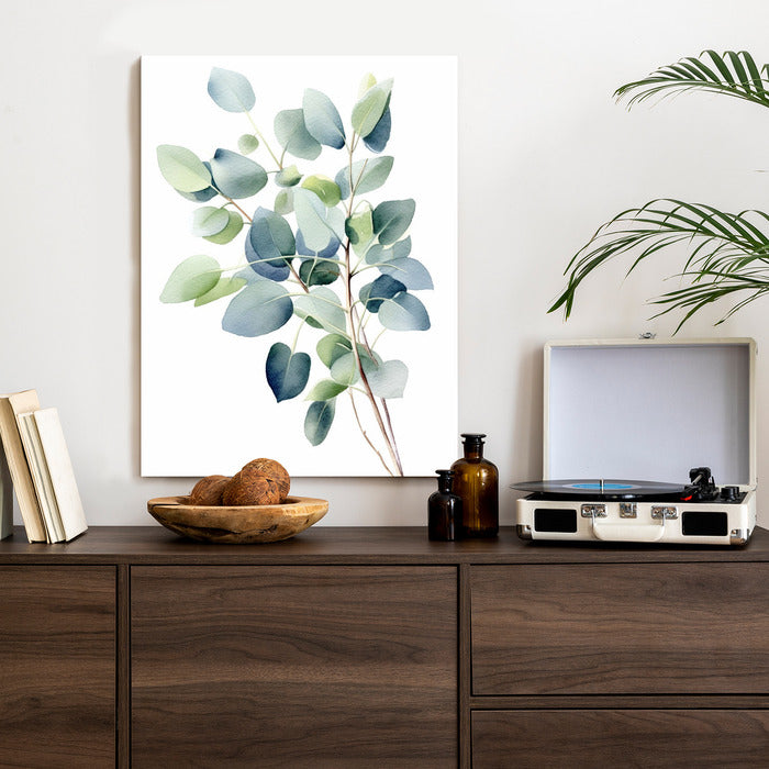 Poster Zweig Mit Grünen Blättern - Aquarell Rahmen Holz Mit Passepartout Farbe Natürlich
