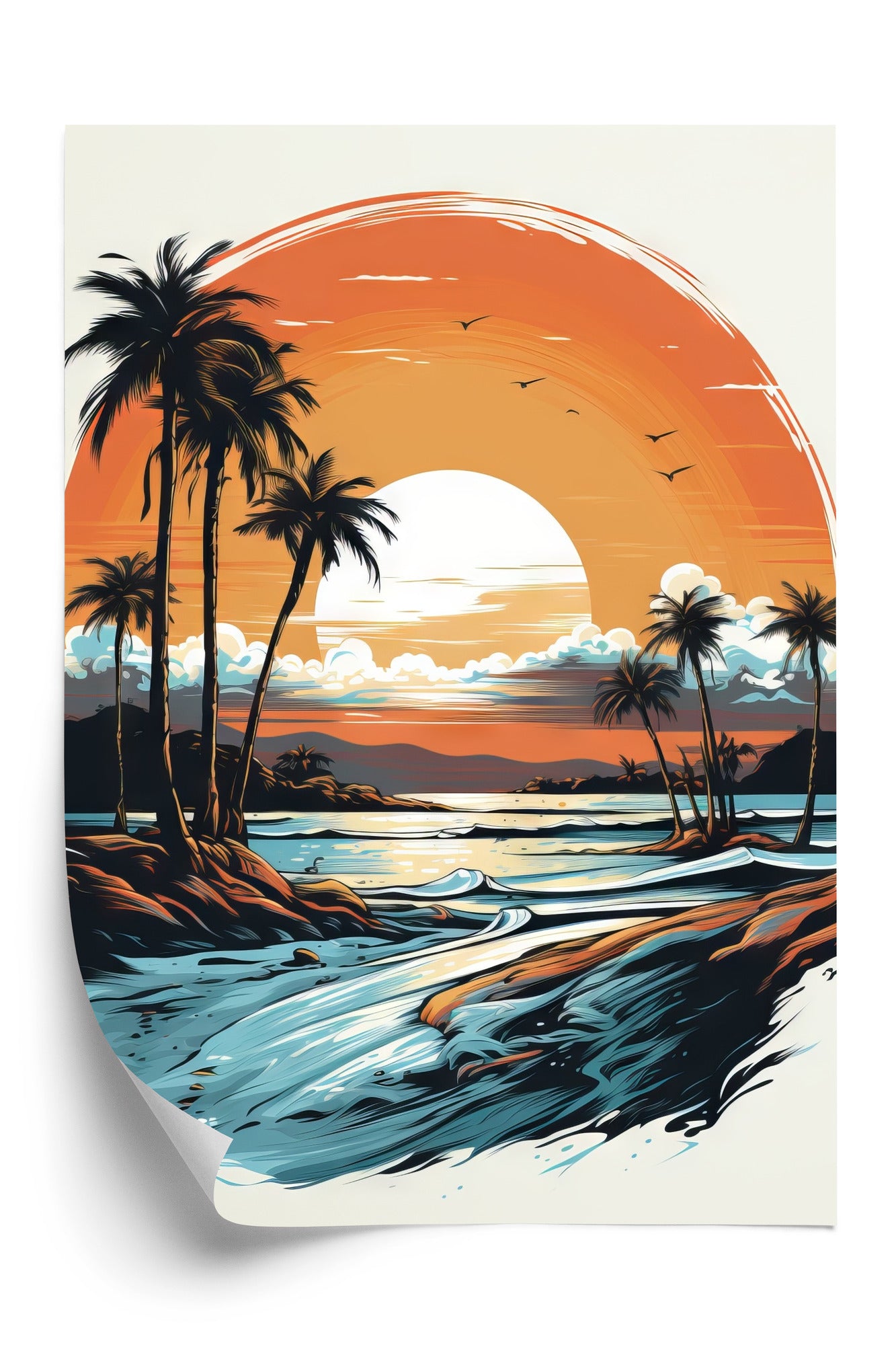 Poster Sonnenuntergang Mit Palmen Und Meer Rahmen Holz Mit Passepartout Farbe Natürlich
