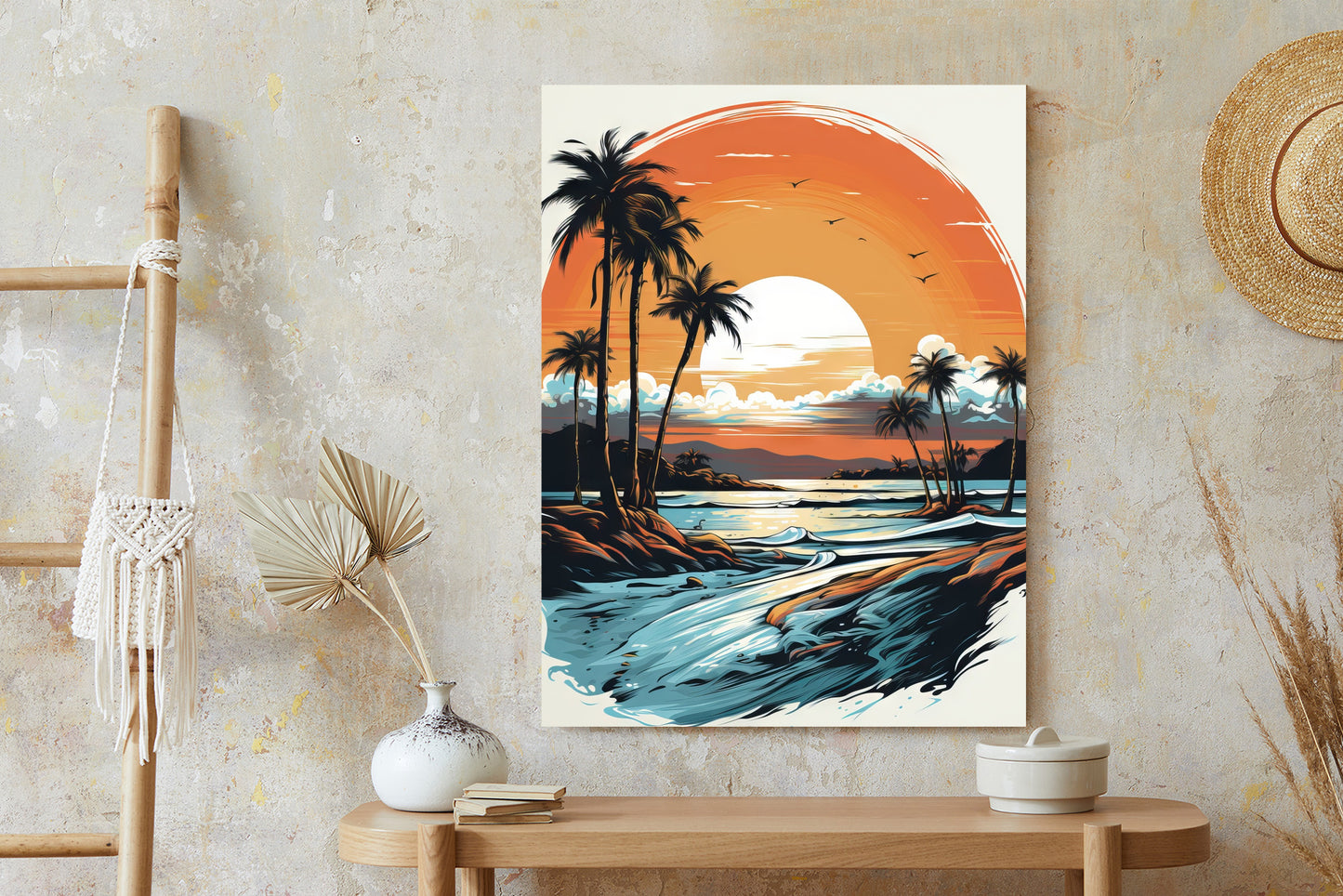 Poster Sonnenuntergang Mit Palmen Und Meer Rahmen Holz Mit Passepartout Farbe Natürlich