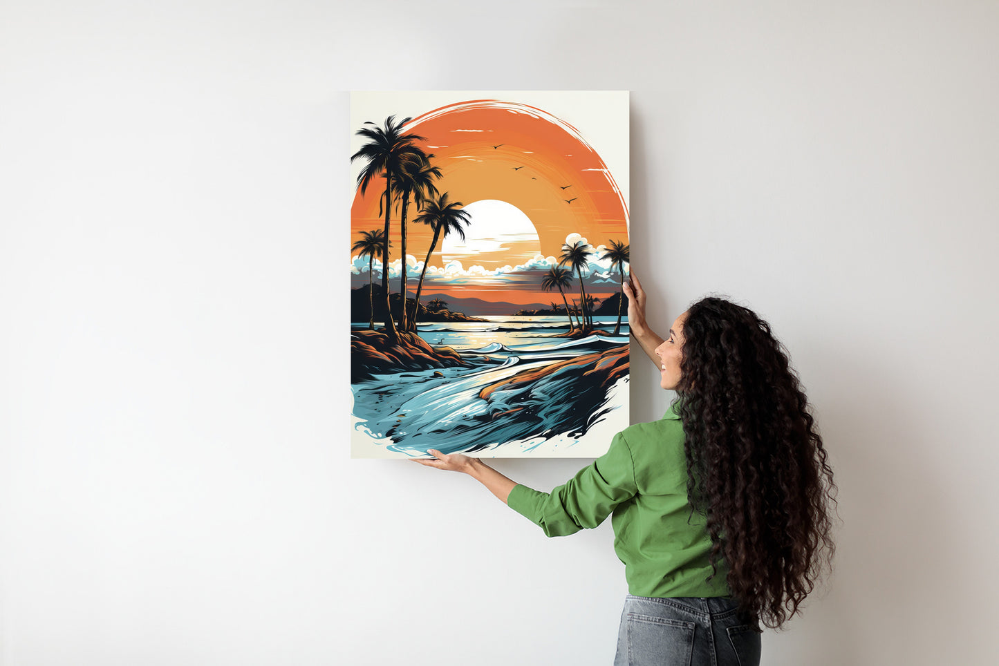 Poster Sonnenuntergang Mit Palmen Und Meer Rahmen Holz Mit Passepartout Farbe Natürlich