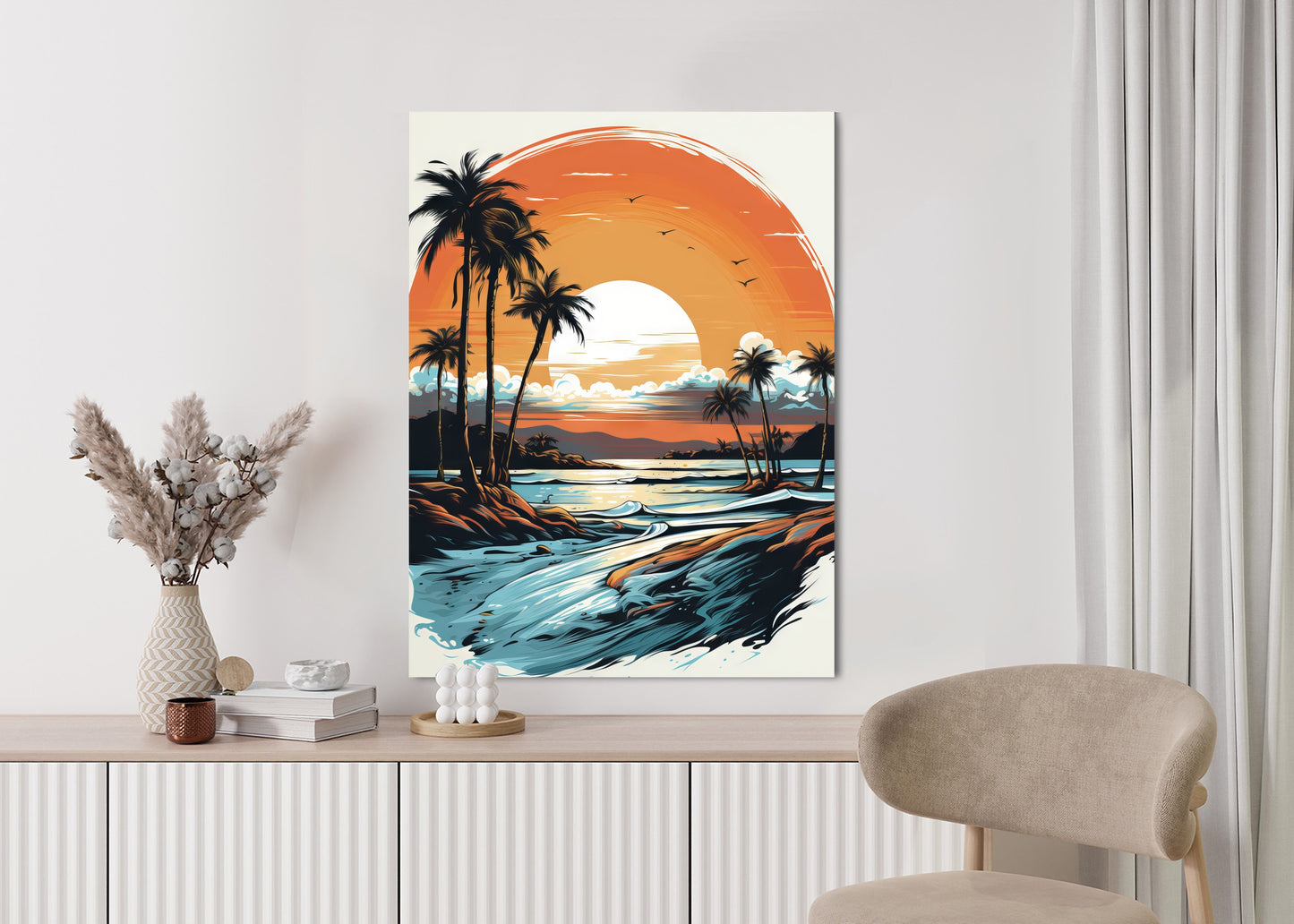 Poster Sonnenuntergang Mit Palmen Und Meer Rahmen Holz Mit Passepartout Farbe Natürlich