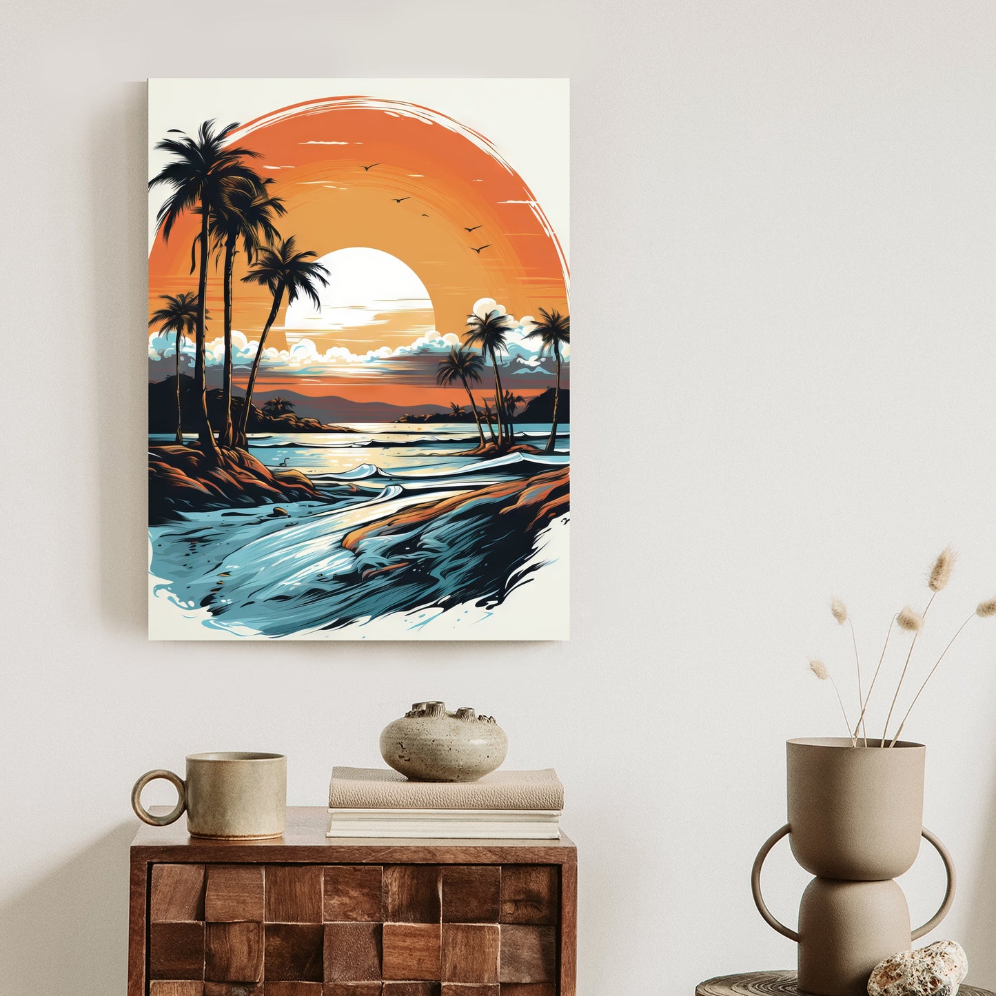Poster Sonnenuntergang Mit Palmen Und Meer Rahmen Holz Mit Passepartout Farbe Natürlich