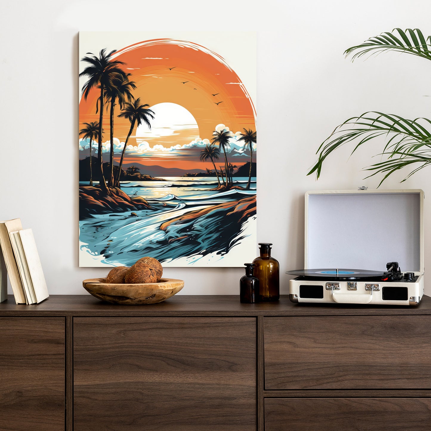 Poster Sonnenuntergang Mit Palmen Und Meer Rahmen Holz Mit Passepartout Farbe Natürlich
