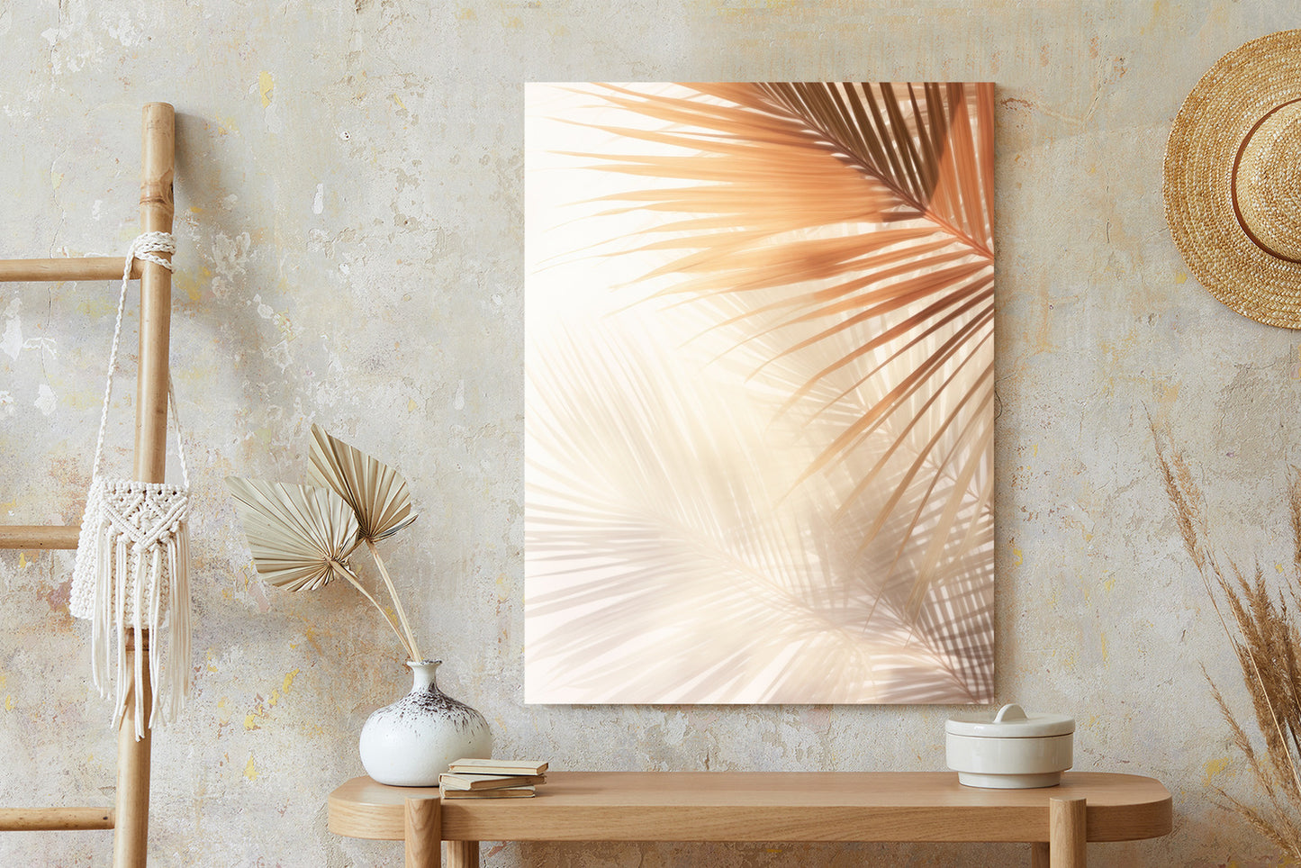 Poster Tropische Palmblätter Mit Schatten Rahmen Holz Mit Passepartout Farbe Natürlich