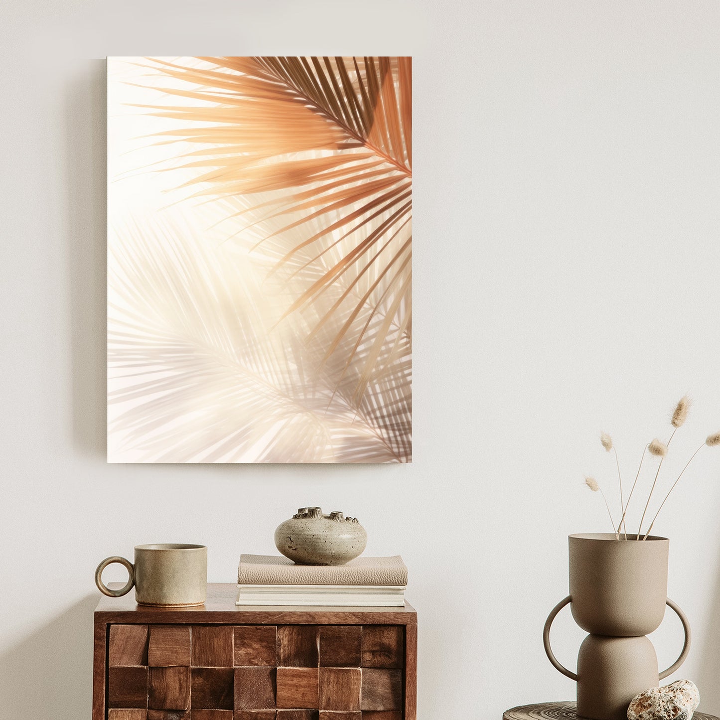 Poster Tropische Palmblätter Mit Schatten Rahmen Holz Mit Passepartout Farbe Natürlich