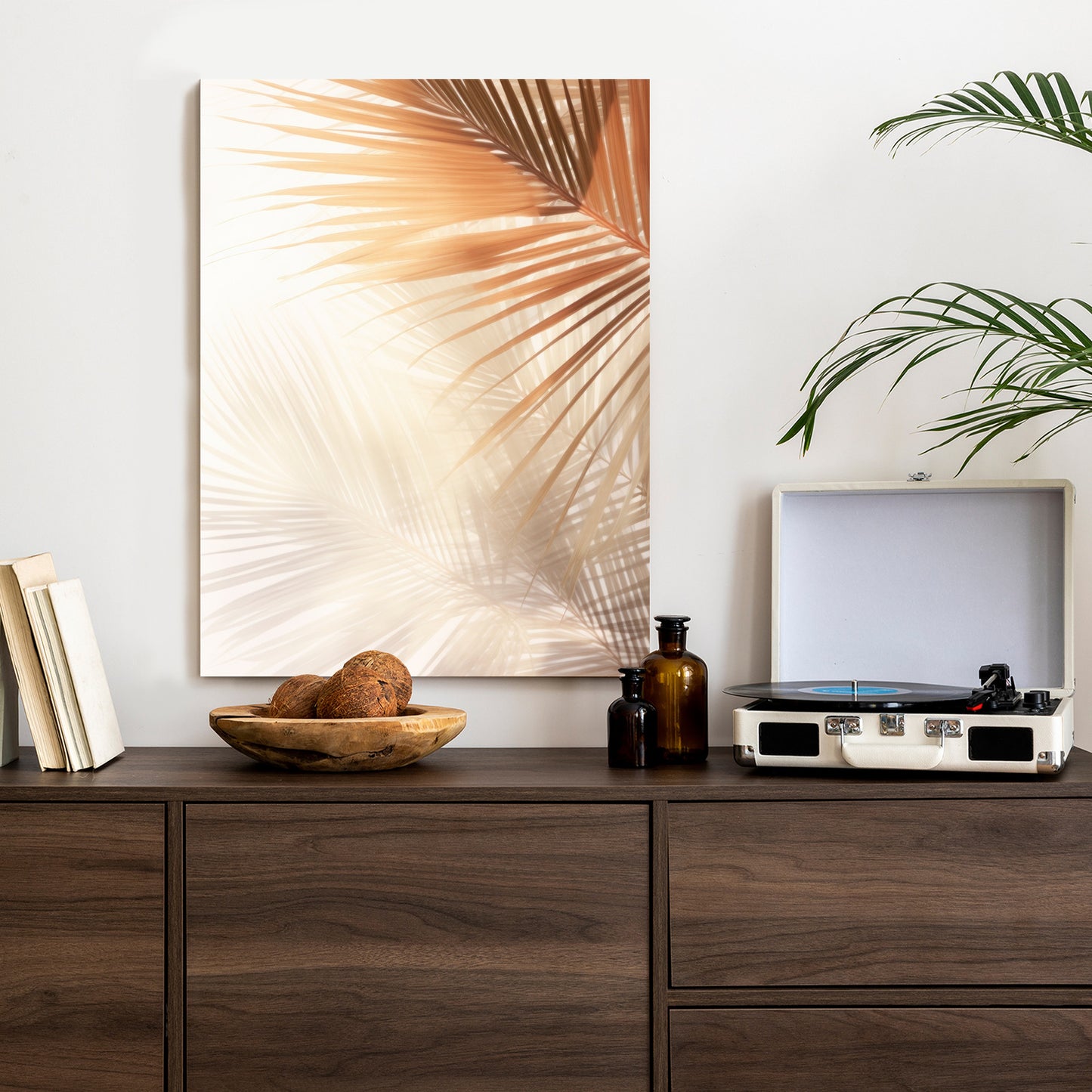 Poster Tropische Palmblätter Mit Schatten Rahmen Holz Mit Passepartout Farbe Natürlich