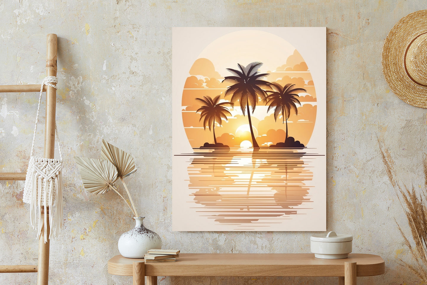 Poster Sonnenuntergang Und Drei Palmen Rahmen Holz Mit Passepartout Farbe Natürlich