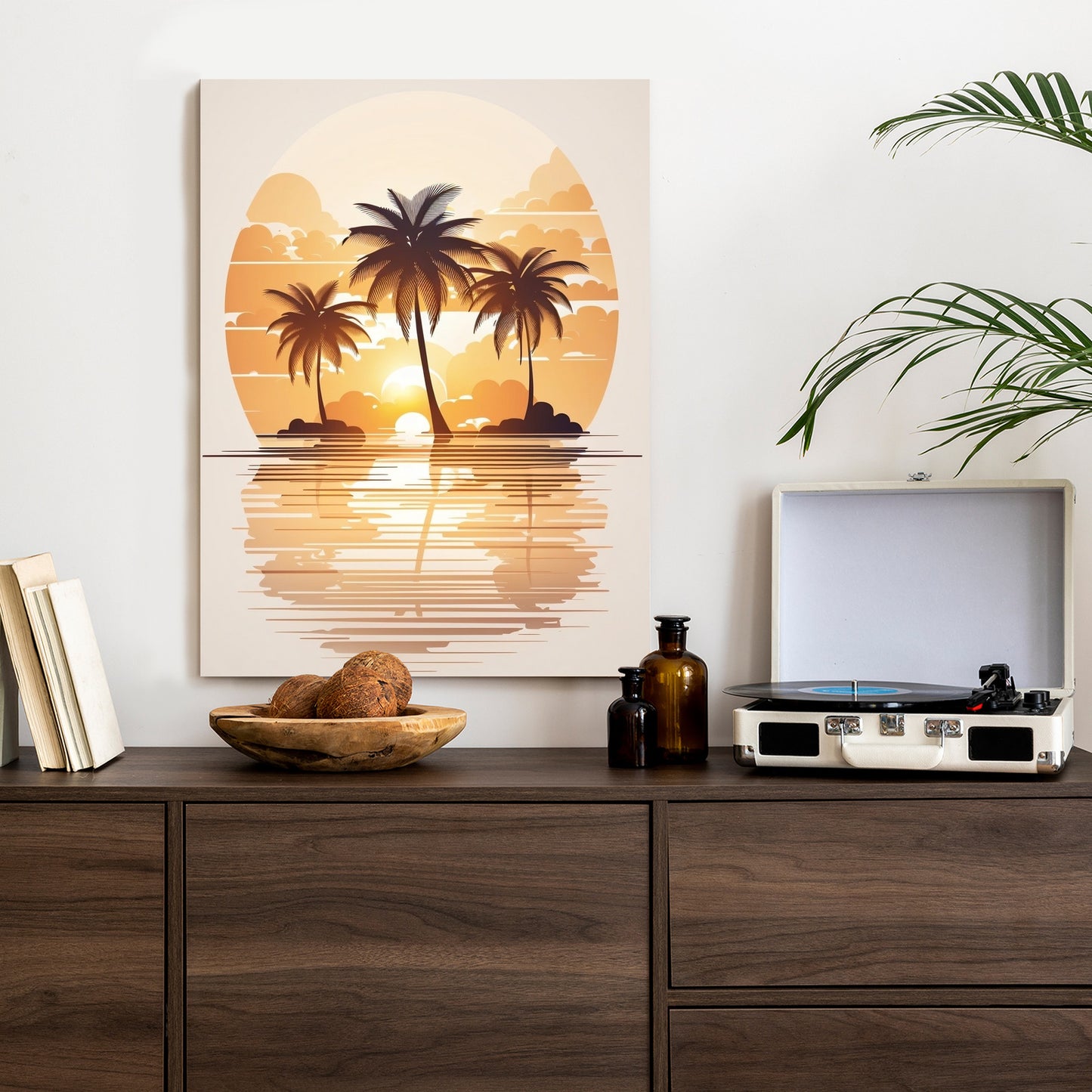Poster Sonnenuntergang Und Drei Palmen Rahmen Holz Mit Passepartout Farbe Natürlich