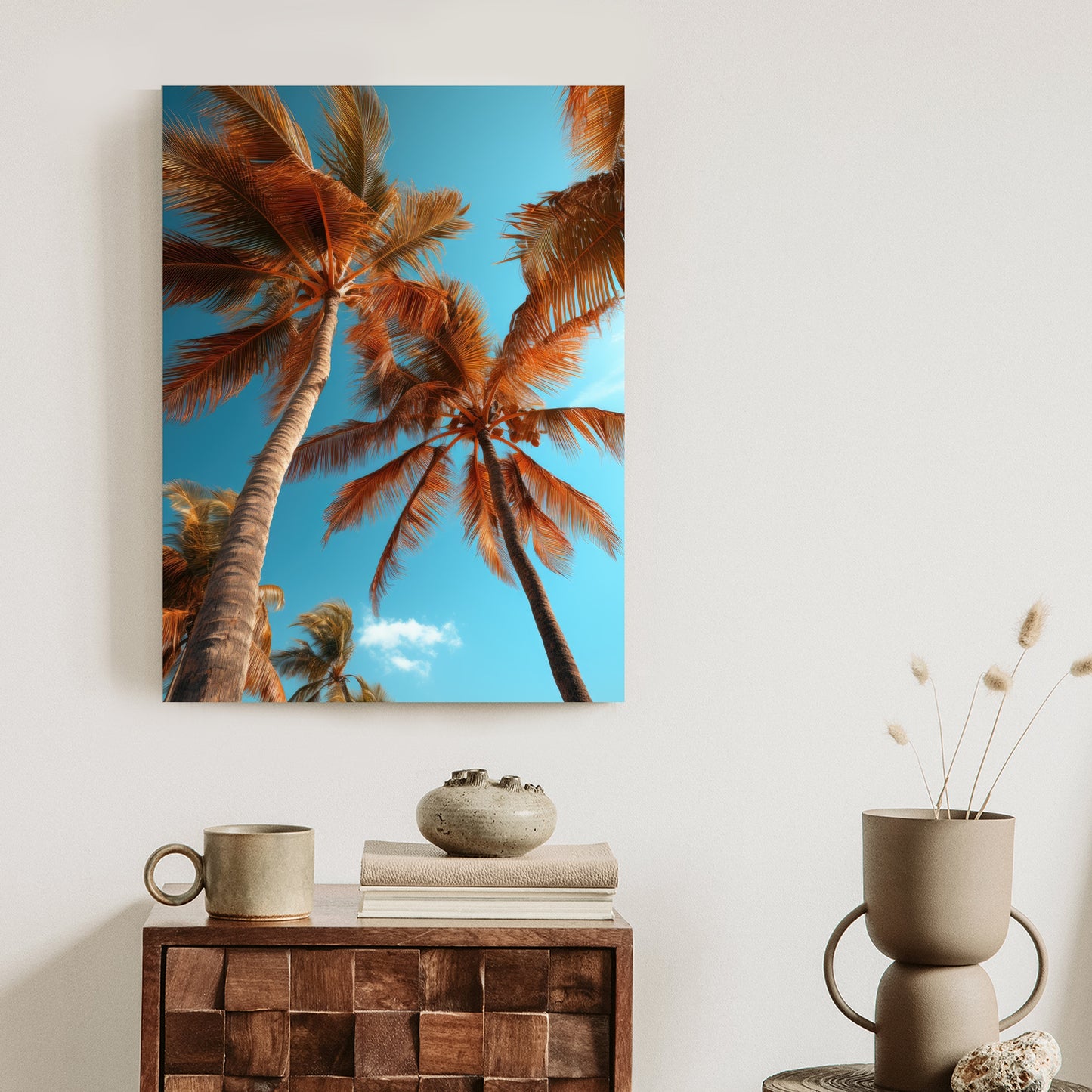 Poster Blauer Himmel Und Hohe Palmen Rahmen Holz Mit Passepartout Farbe Natürlich