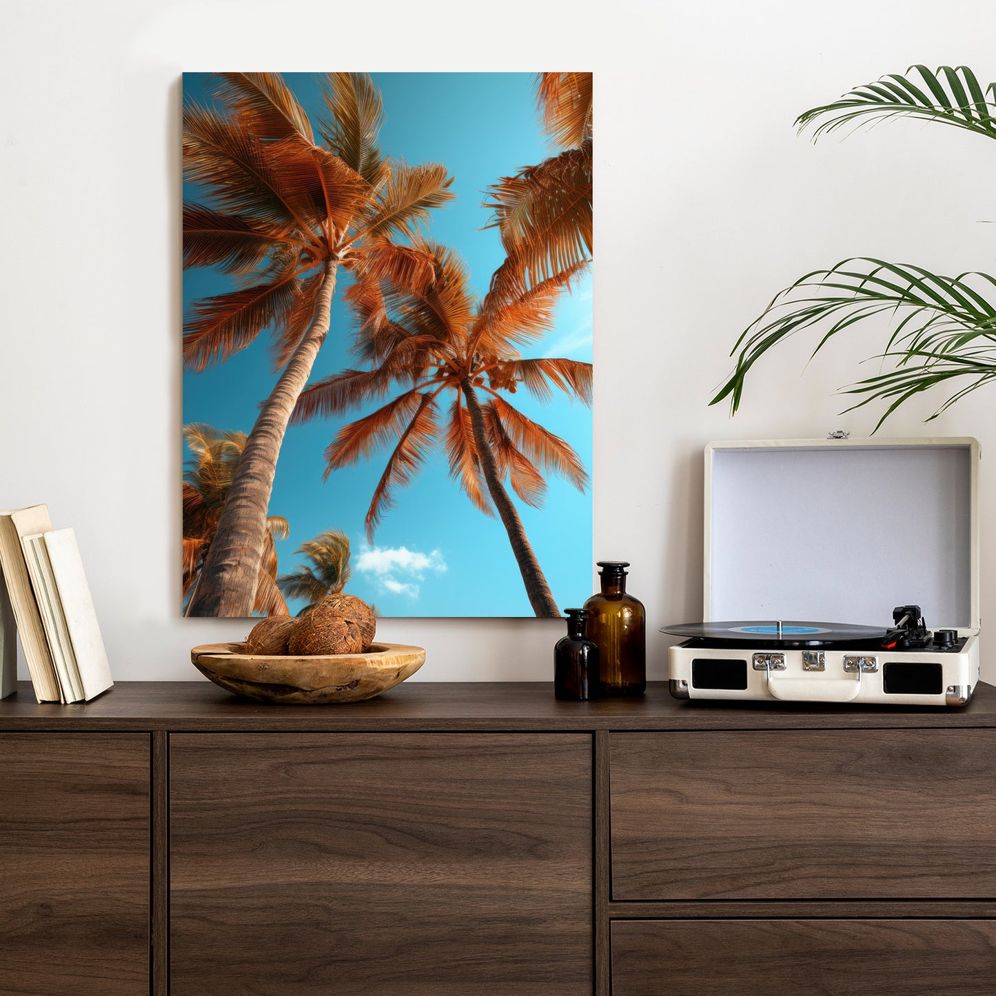Poster Blauer Himmel Und Hohe Palmen Rahmen Holz Mit Passepartout Farbe Natürlich