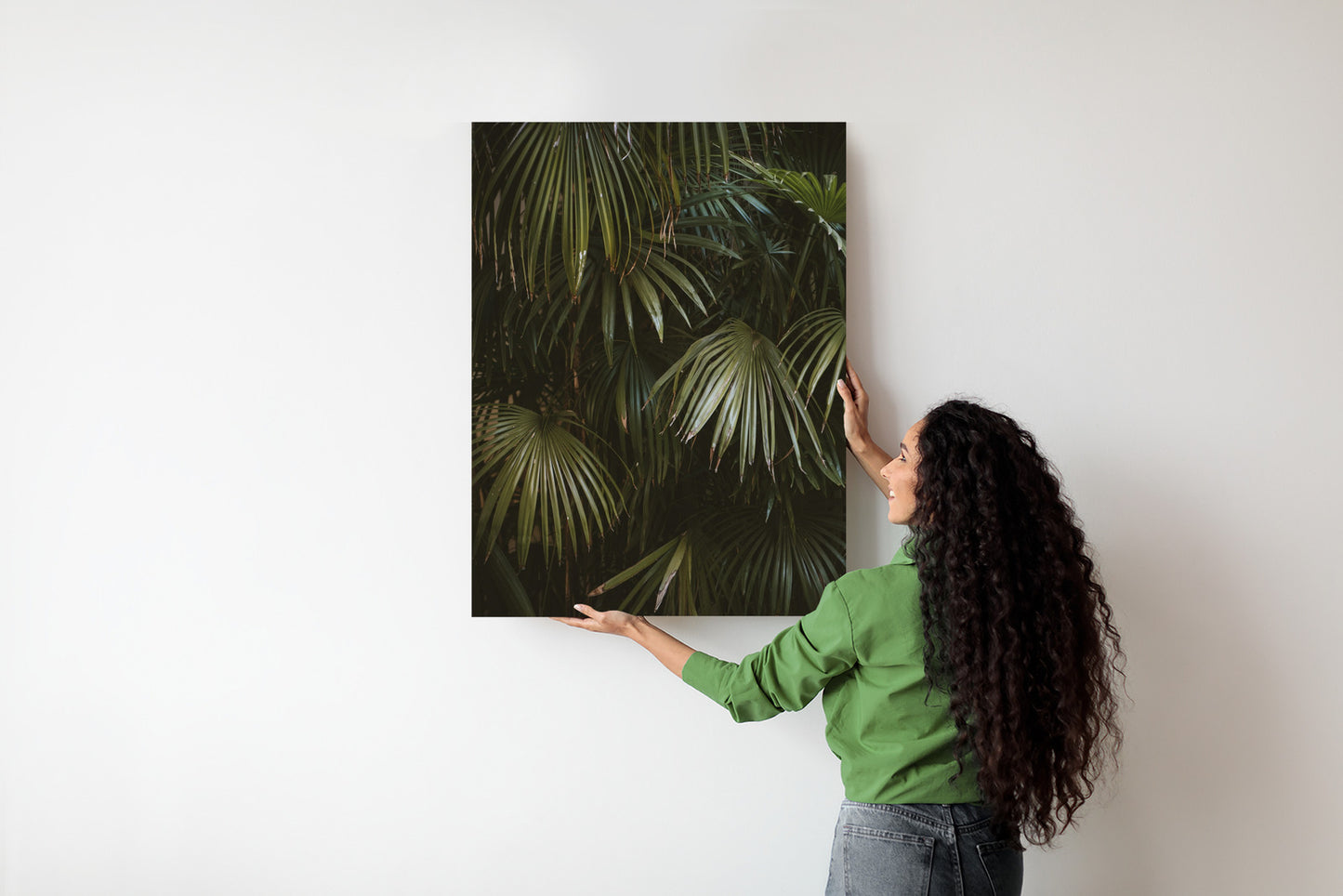 Poster Dunkelgrüne Palmblätter Rahmen Holz Mit Passepartout Farbe Natürlich