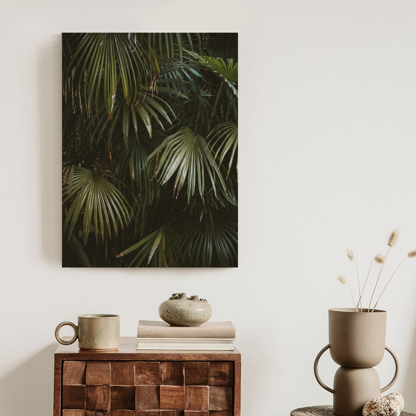 Poster Dunkelgrüne Palmblätter Rahmen Holz Mit Passepartout Farbe Natürlich
