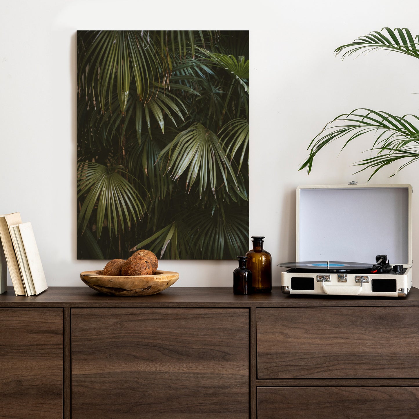 Poster Dunkelgrüne Palmblätter Rahmen Holz Mit Passepartout Farbe Natürlich