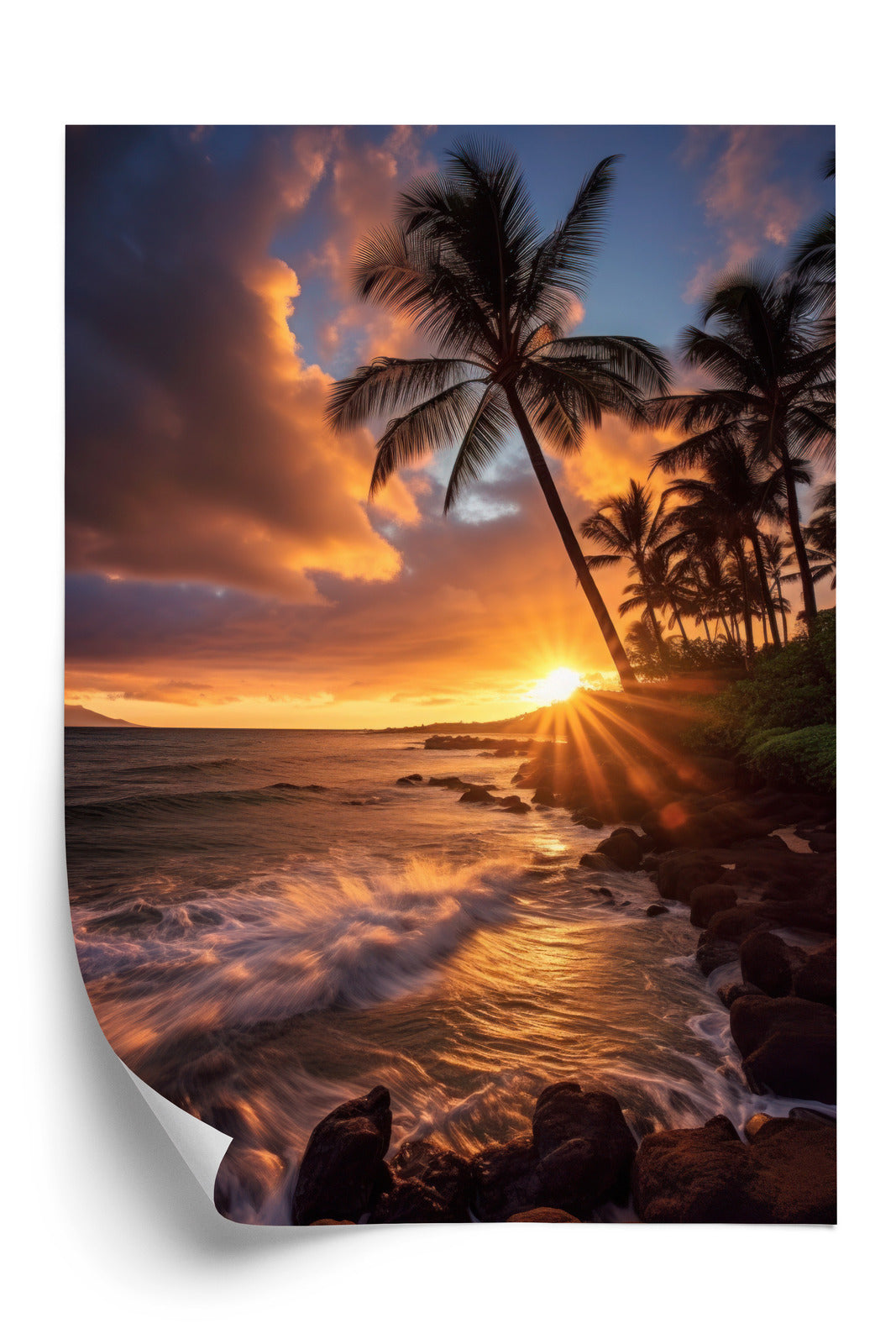 Poster Tropische Insel Mit Palmen Und Sonnenuntergang Rahmen Holz Mit Passepartout Farbe Natürlich