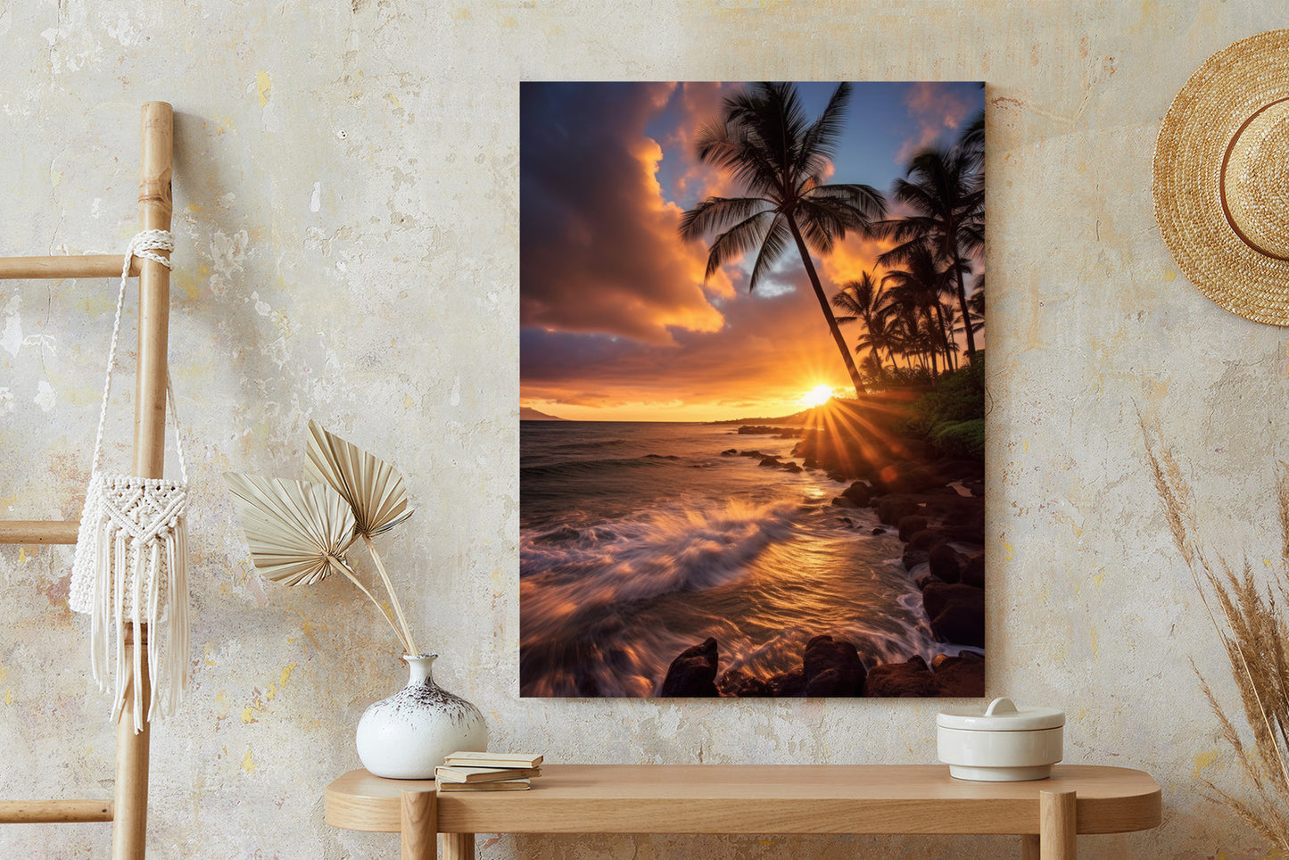 Poster Tropische Insel Mit Palmen Und Sonnenuntergang Rahmen Holz Mit Passepartout Farbe Natürlich