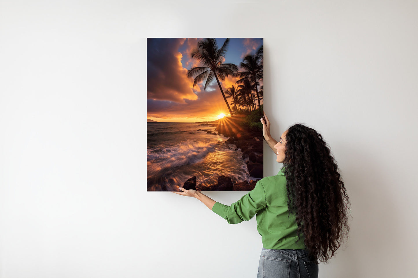 Poster Tropische Insel Mit Palmen Und Sonnenuntergang Rahmen Holz Mit Passepartout Farbe Natürlich