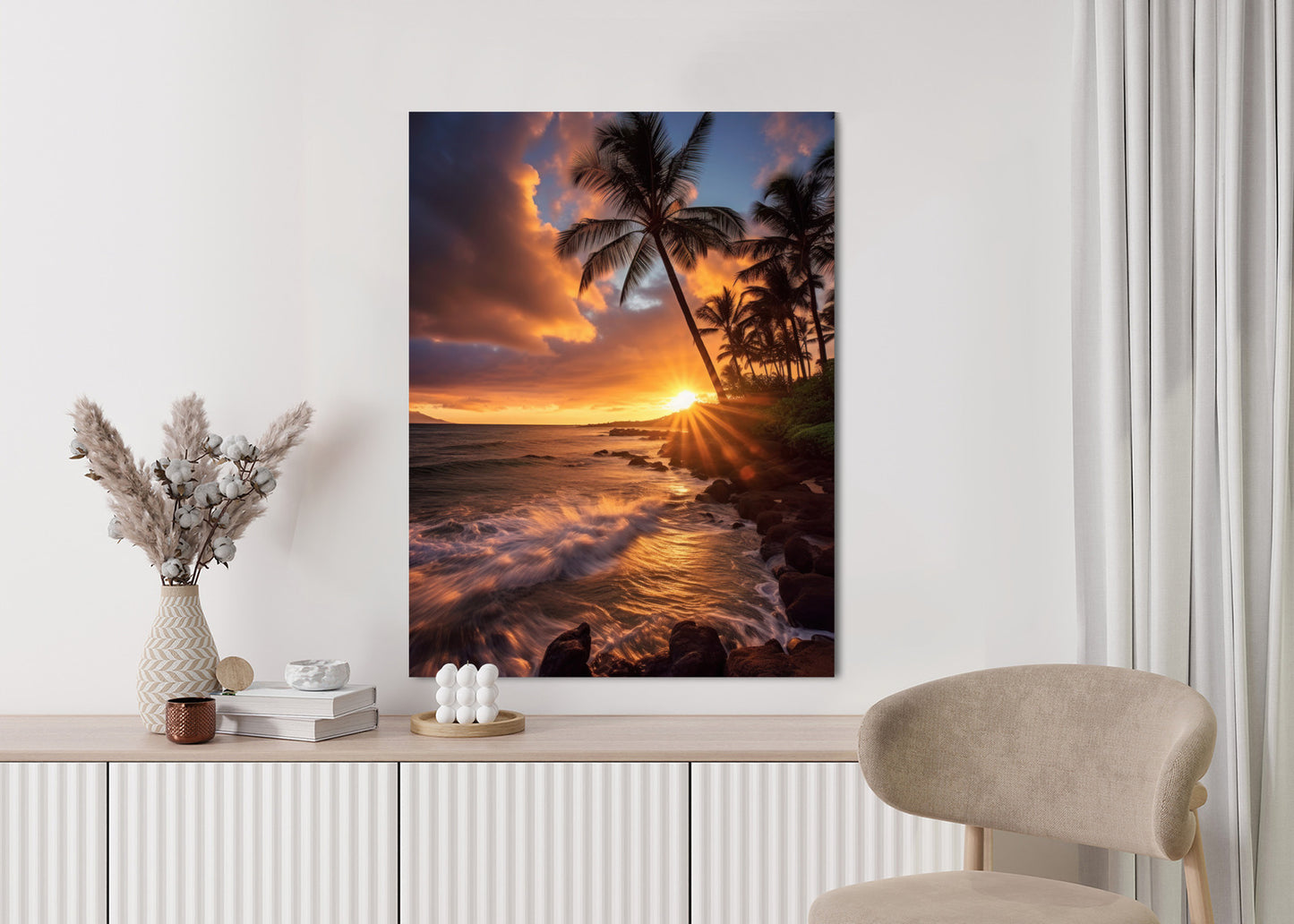 Poster Tropische Insel Mit Palmen Und Sonnenuntergang Rahmen Holz Mit Passepartout Farbe Natürlich