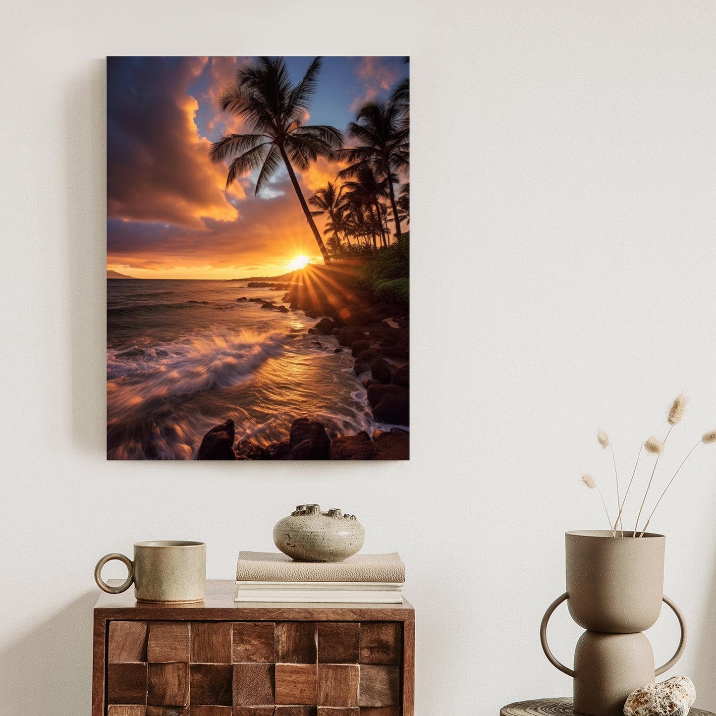 Poster Tropische Insel Mit Palmen Und Sonnenuntergang Rahmen Holz Mit Passepartout Farbe Natürlich