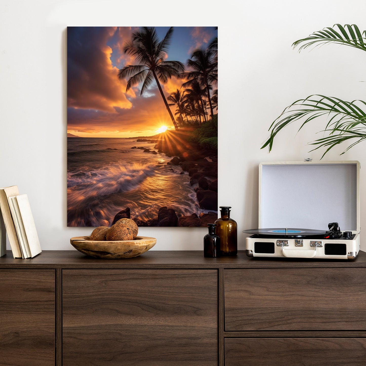 Poster Tropische Insel Mit Palmen Und Sonnenuntergang Rahmen Holz Mit Passepartout Farbe Natürlich