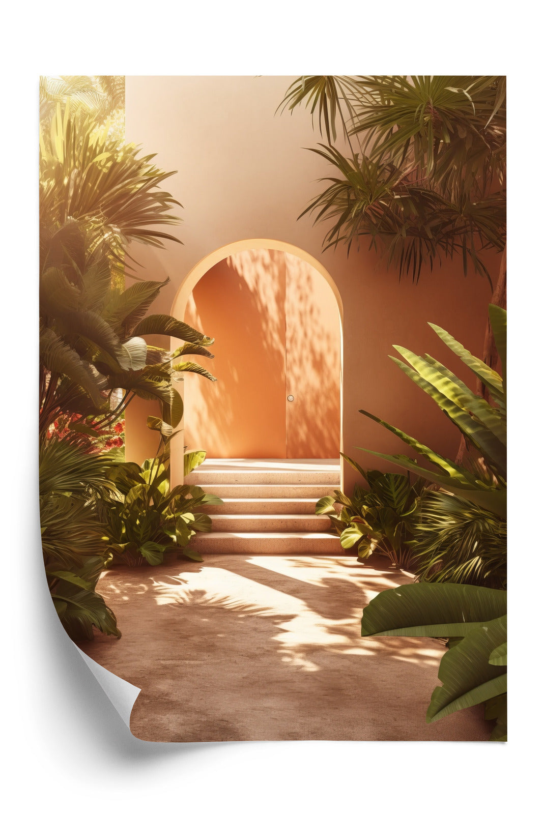Poster Mexikanische Tür, Treppen Und Palmen Rahmen Holz Mit Passepartout Farbe Natürlich