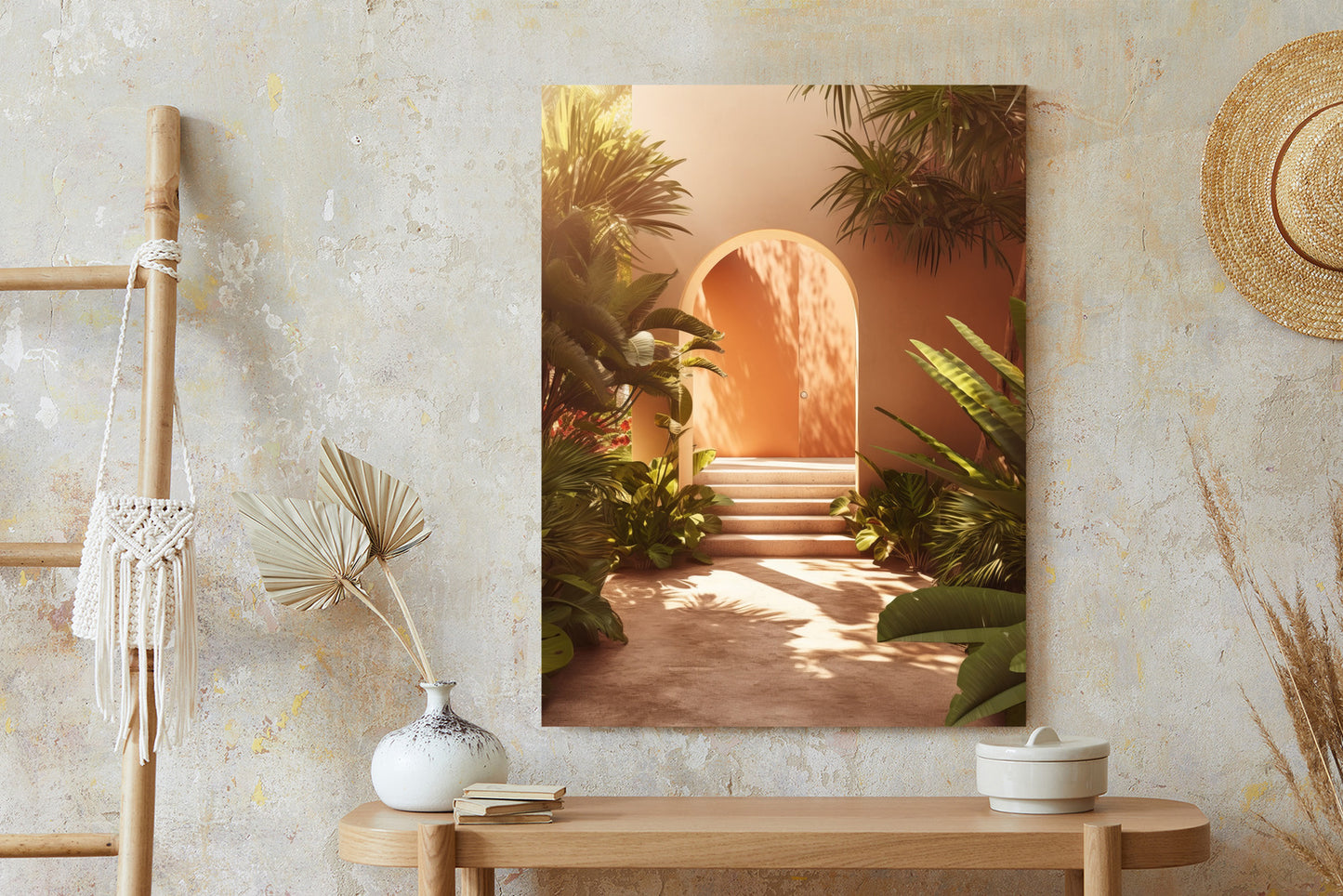 Poster Mexikanische Tür, Treppen Und Palmen Rahmen Holz Mit Passepartout Farbe Natürlich
