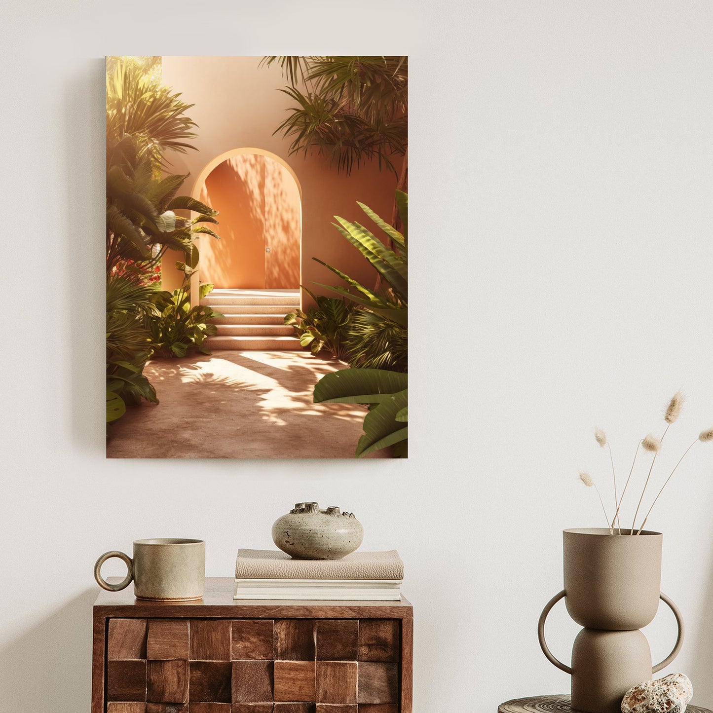 Poster Mexikanische Tür, Treppen Und Palmen Rahmen Holz Mit Passepartout Farbe Natürlich