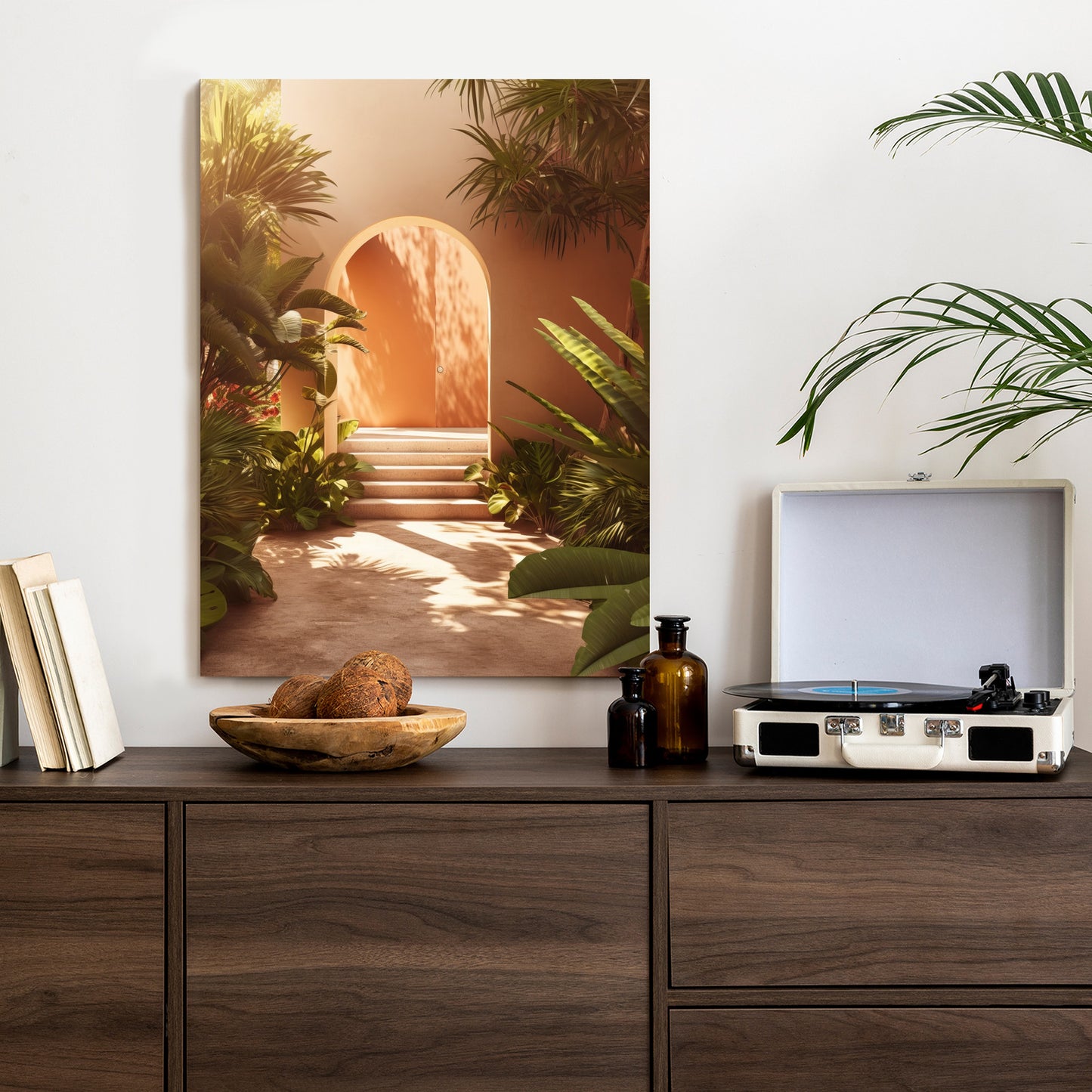 Poster Mexikanische Tür, Treppen Und Palmen Rahmen Holz Mit Passepartout Farbe Natürlich