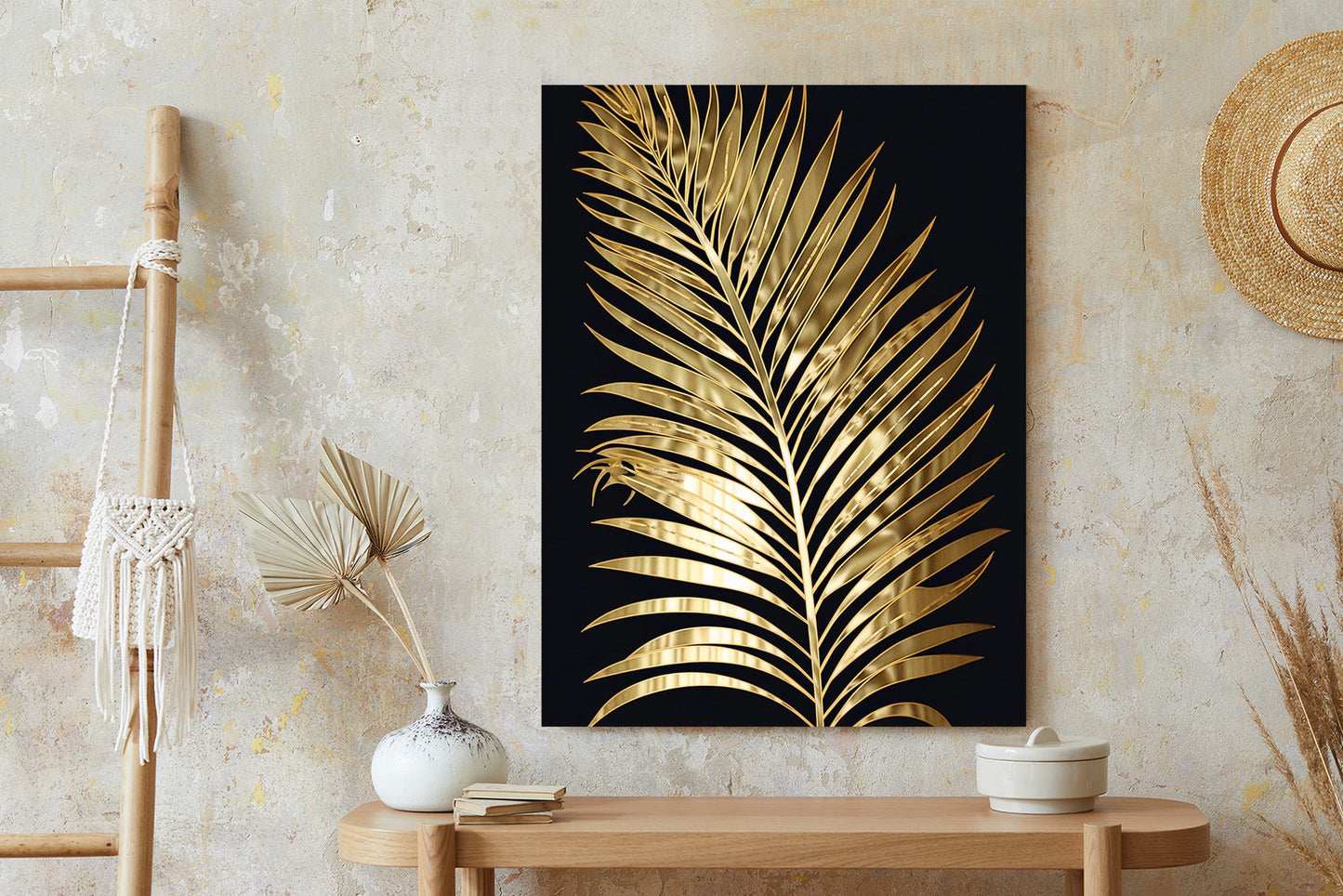 Poster Goldenes Einzelnes Palmenblatt Rahmen Holz Mit Passepartout Farbe Natürlich