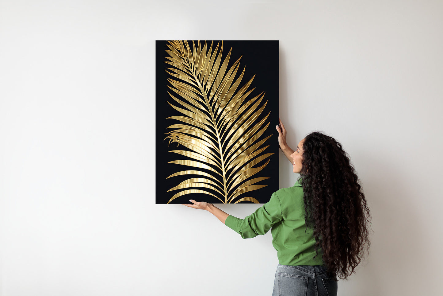 Poster Goldenes Einzelnes Palmenblatt Rahmen Holz Mit Passepartout Farbe Natürlich