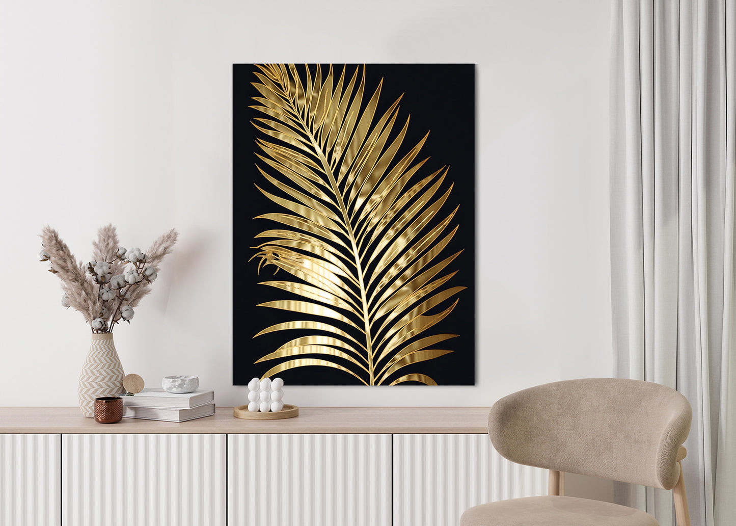 Poster Goldenes Einzelnes Palmenblatt Rahmen Holz Mit Passepartout Farbe Natürlich